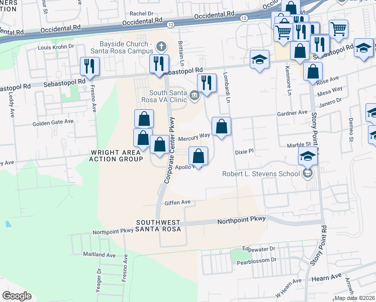 map of restaurants, bars, coffee shops, grocery stores, and more near 2235 Mercury Way in Santa Rosa
