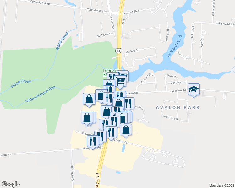 map of restaurants, bars, coffee shops, grocery stores, and more near Dagsboro Road in Salisbury