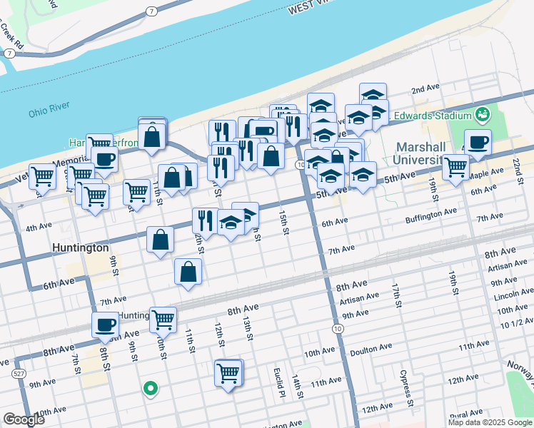map of restaurants, bars, coffee shops, grocery stores, and more near 1421 5th Avenue in Huntington