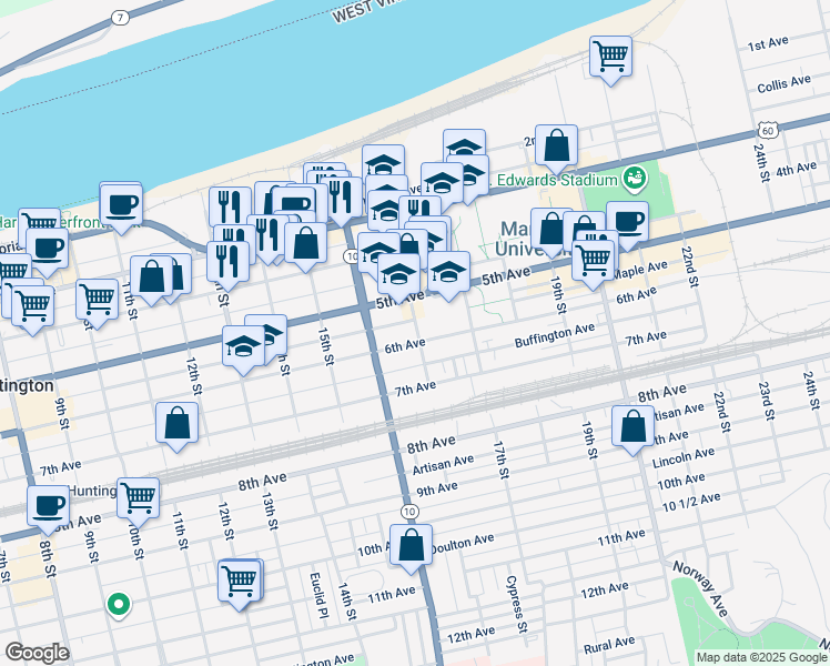 map of restaurants, bars, coffee shops, grocery stores, and more near 1644 6th Avenue in Huntington