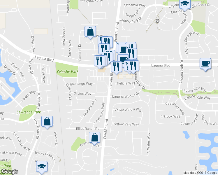 map of restaurants, bars, coffee shops, grocery stores, and more near 9248 Franklin Boulevard in Elk Grove