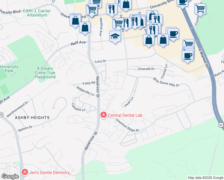map of restaurants, bars, coffee shops, grocery stores, and more near 2249 Lapis Lane in Harrisonburg