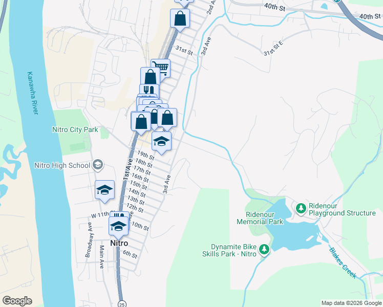 map of restaurants, bars, coffee shops, grocery stores, and more near 2108 21st Street in Nitro