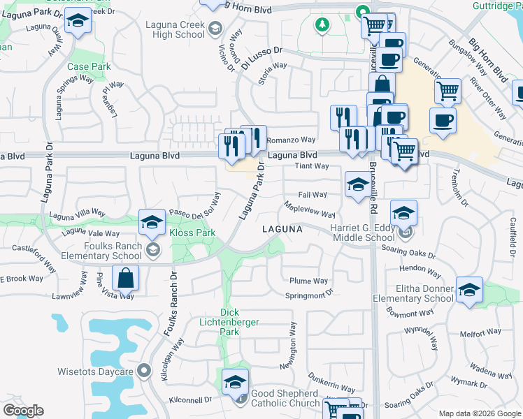 map of restaurants, bars, coffee shops, grocery stores, and more near 6800 Fall Breeze Court in Elk Grove