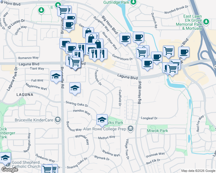 map of restaurants, bars, coffee shops, grocery stores, and more near 9285 Trenholm Drive in Elk Grove