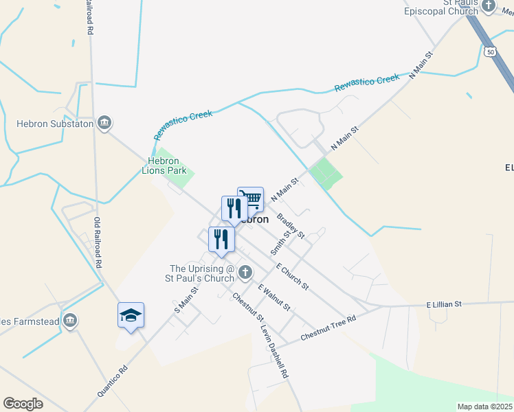 map of restaurants, bars, coffee shops, grocery stores, and more near 305 North Main Street in Hebron