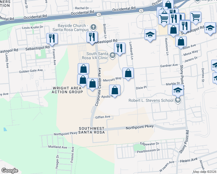 map of restaurants, bars, coffee shops, grocery stores, and more near 2240 Mercury Way in Santa Rosa