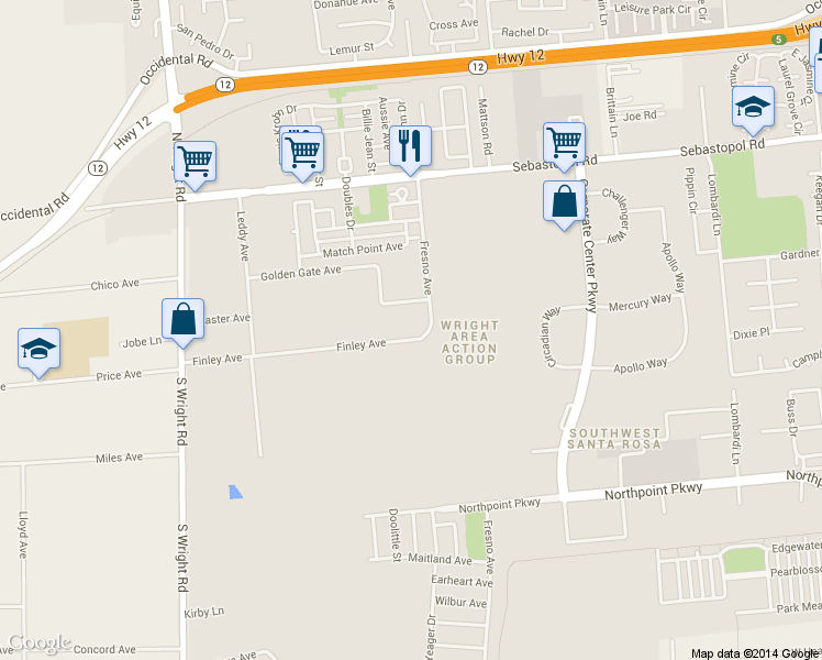 map of restaurants, bars, coffee shops, grocery stores, and more near 3773 Finley Avenue in Santa Rosa