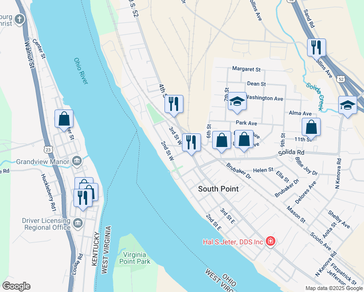 map of restaurants, bars, coffee shops, grocery stores, and more near Davidson Street in South Point
