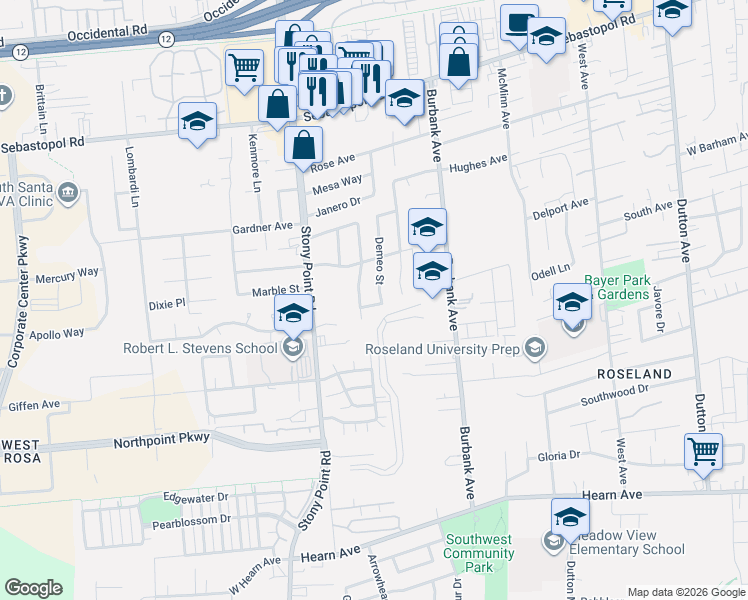 map of restaurants, bars, coffee shops, grocery stores, and more near 1228 Demeo Street in Santa Rosa
