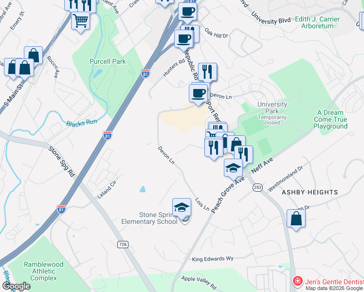 map of restaurants, bars, coffee shops, grocery stores, and more near 899 Port Republic Road in Harrisonburg