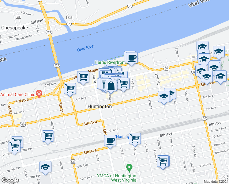map of restaurants, bars, coffee shops, grocery stores, and more near 930 4th Avenue in Huntington