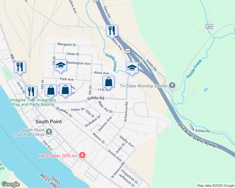 map of restaurants, bars, coffee shops, grocery stores, and more near 123 11th Street in South Point