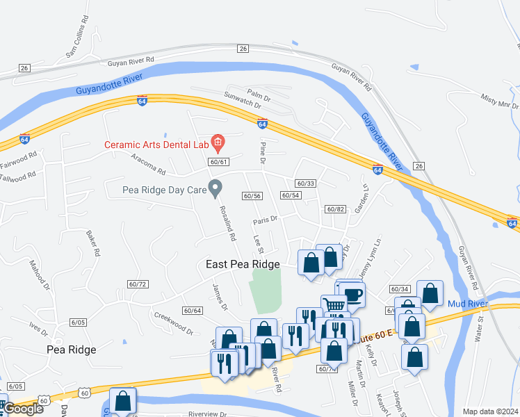 map of restaurants, bars, coffee shops, grocery stores, and more near 6224 Walmott Dr in Huntington