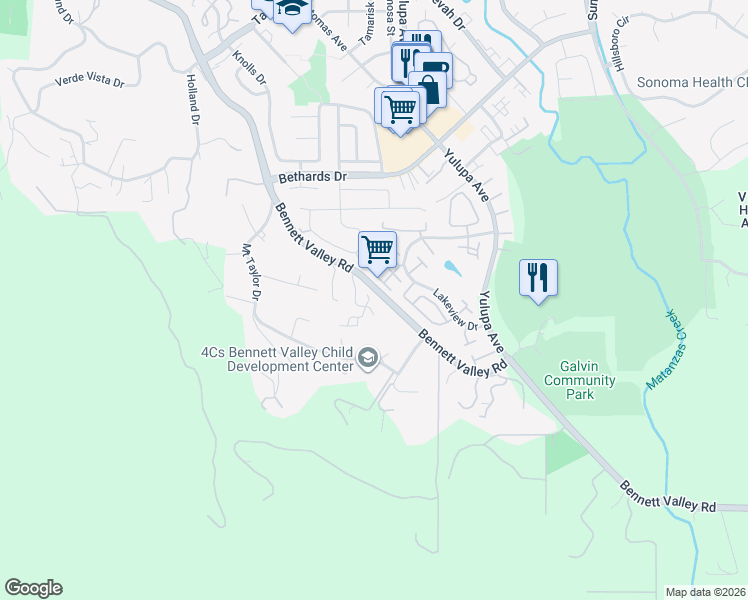 map of restaurants, bars, coffee shops, grocery stores, and more near 4450 Bennett Valley Road in Santa Rosa