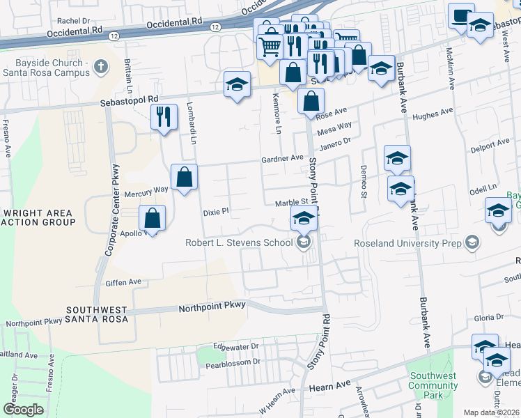 map of restaurants, bars, coffee shops, grocery stores, and more near 2054 Marble Street in Santa Rosa