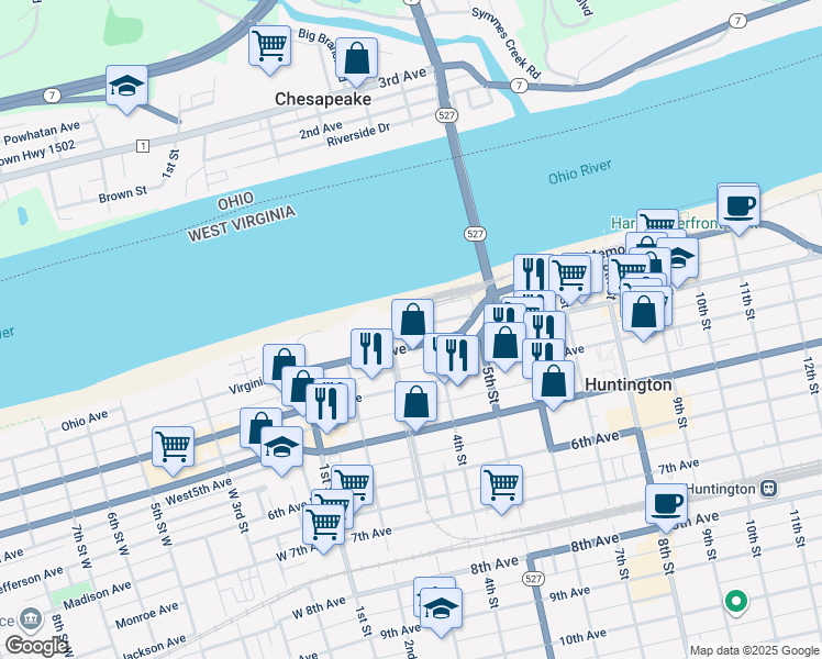 map of restaurants, bars, coffee shops, grocery stores, and more near 419 2nd Ave in Huntington