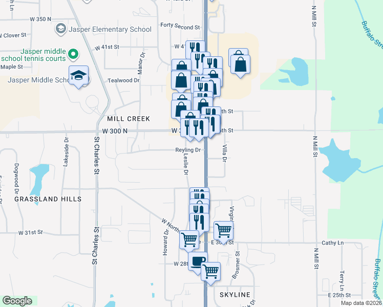 map of restaurants, bars, coffee shops, grocery stores, and more near 201-299 W Reyling Dr in Jasper