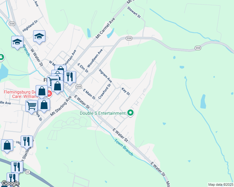 map of restaurants, bars, coffee shops, grocery stores, and more near 1105 Shady Brook Lane in Flemingsburg