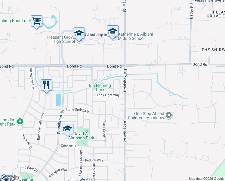 map of restaurants, bars, coffee shops, grocery stores, and more near 9644 Broad Stripes Way in Elk Grove
