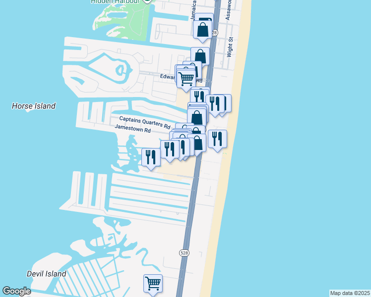 map of restaurants, bars, coffee shops, grocery stores, and more near 11427 Coastal Highway in Ocean City