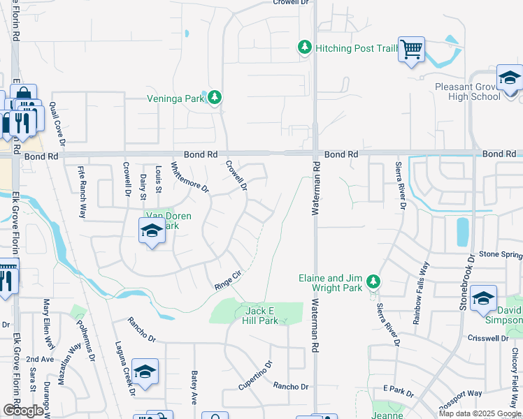 map of restaurants, bars, coffee shops, grocery stores, and more near 9218 Decorah Way in Elk Grove