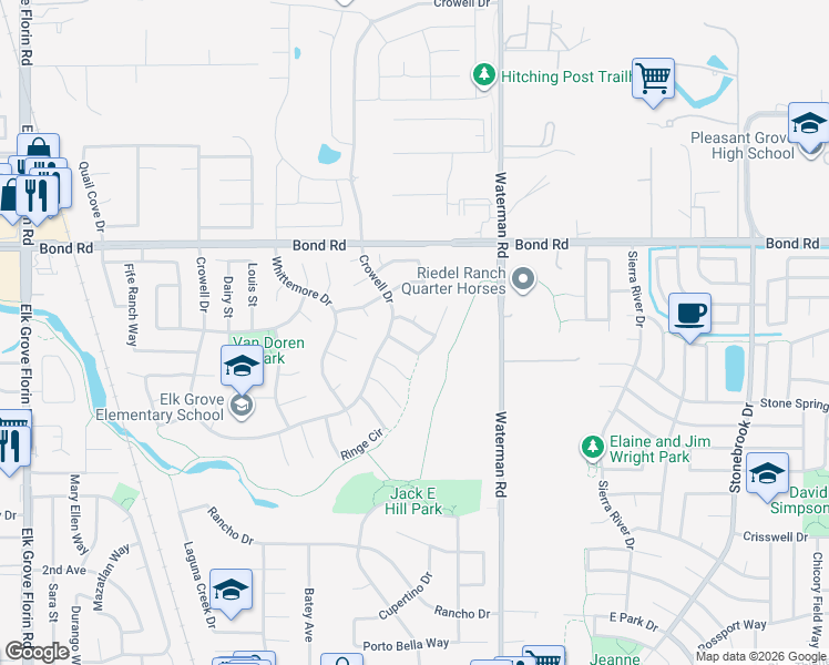 map of restaurants, bars, coffee shops, grocery stores, and more near 9218 Decorah Way in Elk Grove