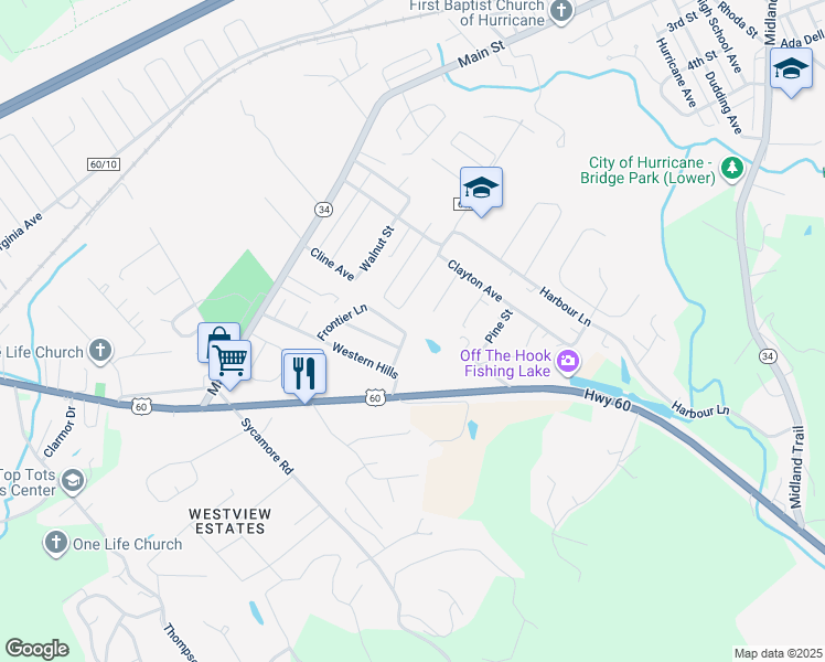 map of restaurants, bars, coffee shops, grocery stores, and more near 227 Frontier Lane in Hurricane