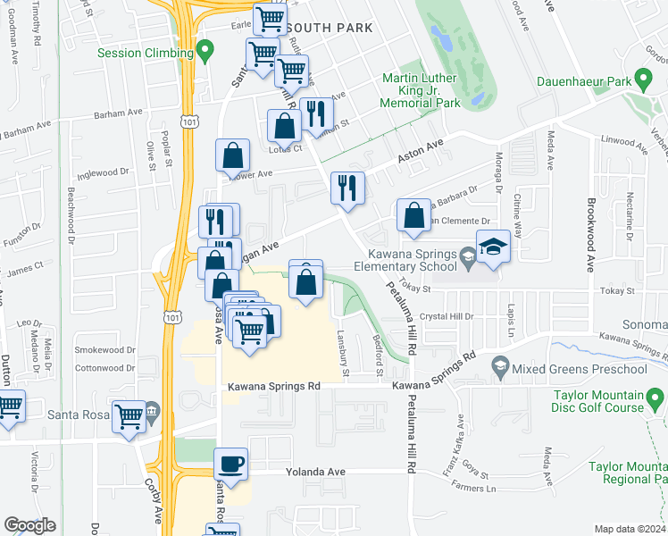 map of restaurants, bars, coffee shops, grocery stores, and more near 1777 Petaluma Hill Road in Santa Rosa