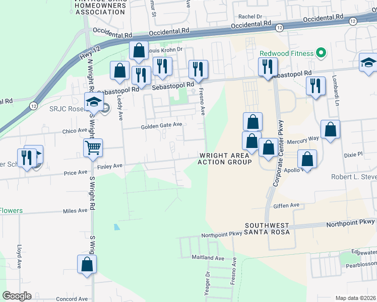 map of restaurants, bars, coffee shops, grocery stores, and more near 3773 Finley Avenue in Santa Rosa