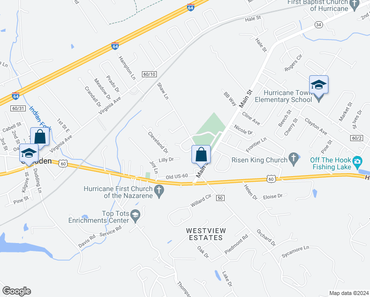 map of restaurants, bars, coffee shops, grocery stores, and more near 74 Lee Circle in Hurricane