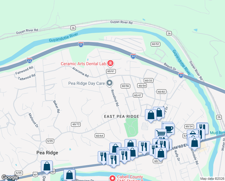 map of restaurants, bars, coffee shops, grocery stores, and more near 6205 Rosalind Road in Huntington