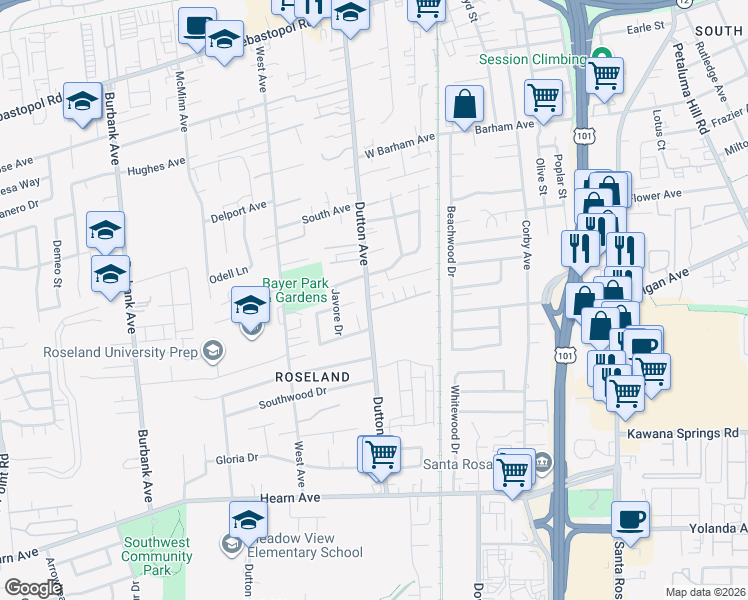 map of restaurants, bars, coffee shops, grocery stores, and more near 1630 Dutton Avenue in Santa Rosa