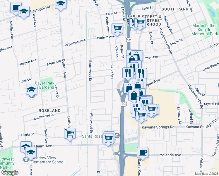 map of restaurants, bars, coffee shops, grocery stores, and more near 359 Baker Avenue in Santa Rosa