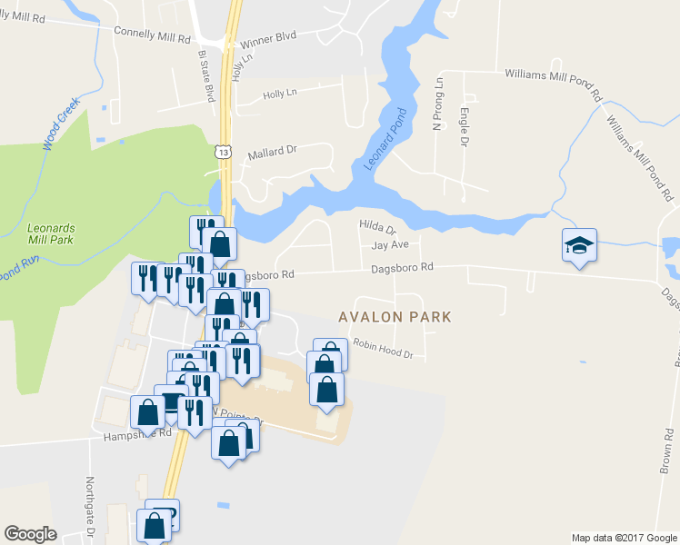 map of restaurants, bars, coffee shops, grocery stores, and more near 30367 Dagsboro Road in Salisbury