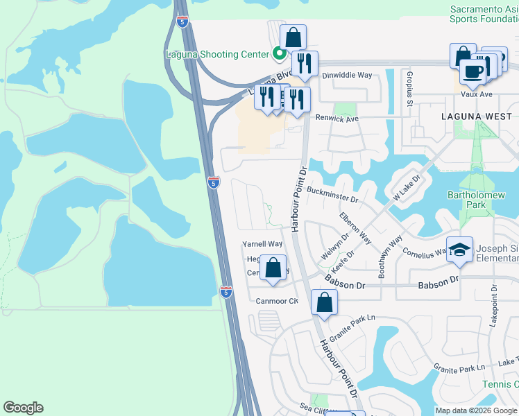 map of restaurants, bars, coffee shops, grocery stores, and more near 1725 Bastona Dr in Elk Grove