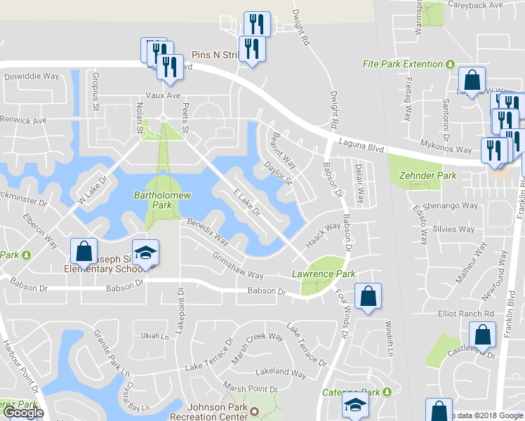 map of restaurants, bars, coffee shops, grocery stores, and more near 3516 East Island Court in Elk Grove