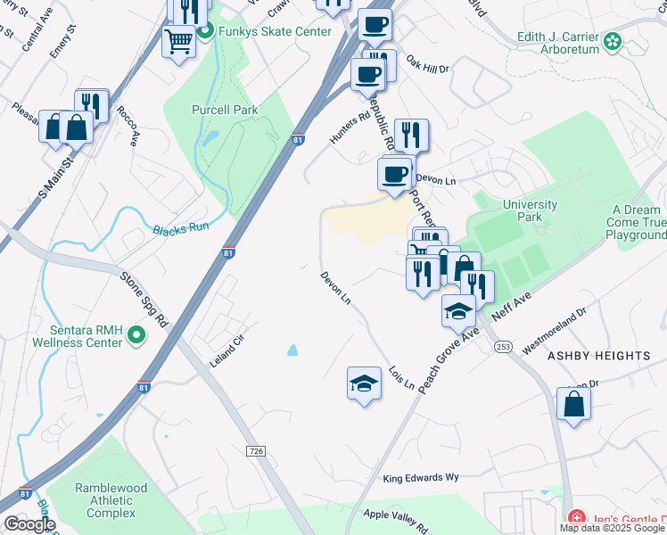 map of restaurants, bars, coffee shops, grocery stores, and more near 1562 Devon Lane in Harrisonburg