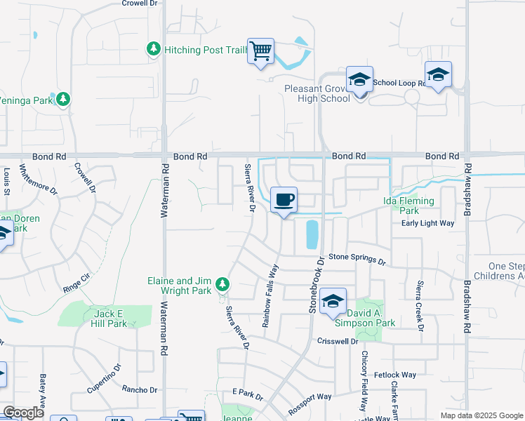 map of restaurants, bars, coffee shops, grocery stores, and more near 9254 Rising Creek Way in Elk Grove