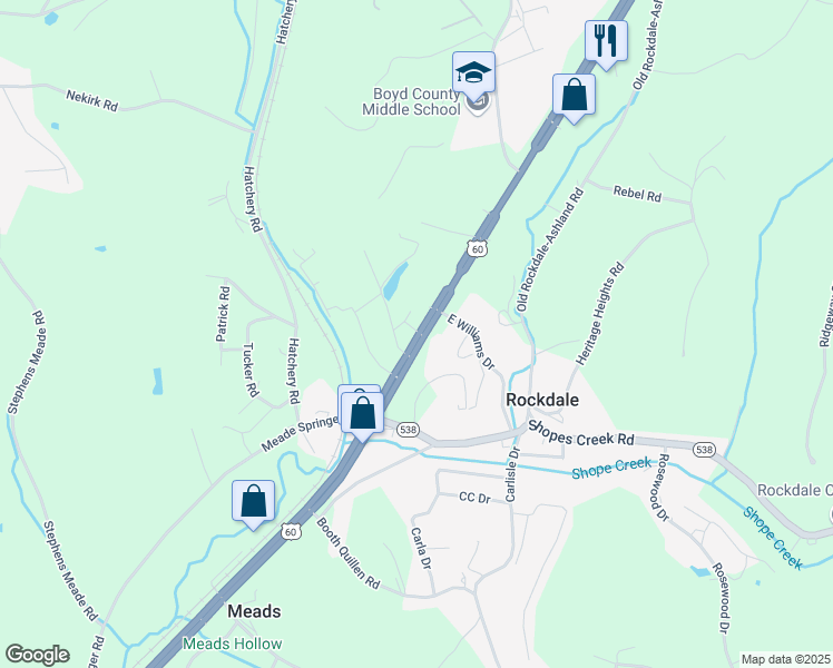 map of restaurants, bars, coffee shops, grocery stores, and more near 7807 Purple Heart Highway in Ashland