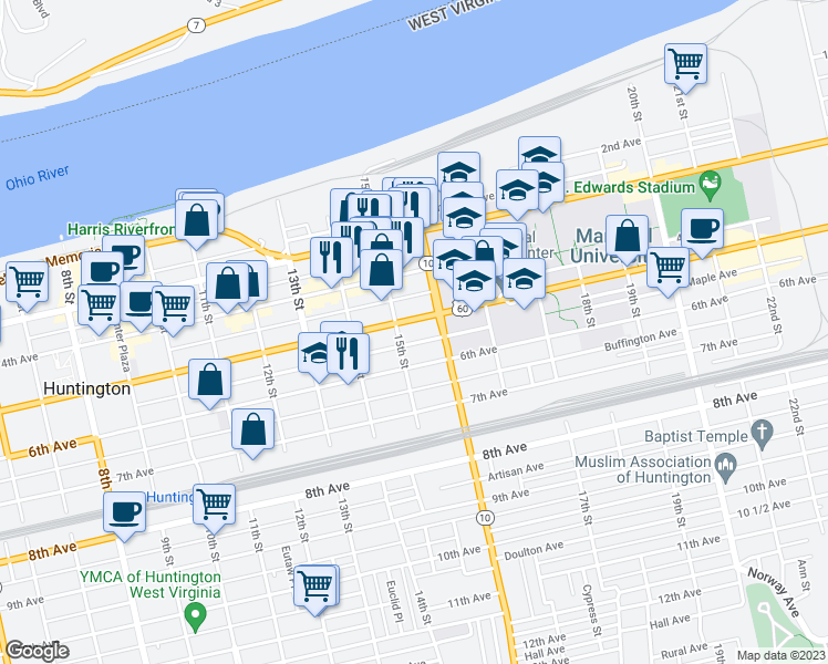 map of restaurants, bars, coffee shops, grocery stores, and more near 1515 5th Avenue in Huntington