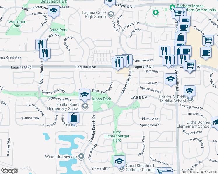 map of restaurants, bars, coffee shops, grocery stores, and more near 6420 Paseo Del Sol Way in Elk Grove