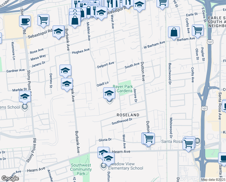 map of restaurants, bars, coffee shops, grocery stores, and more near 872 Rose Meadow Court in Santa Rosa