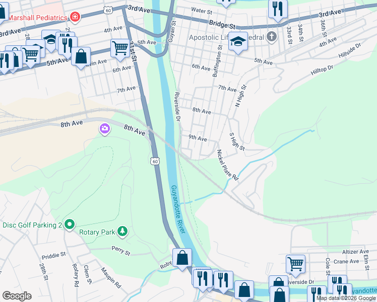 map of restaurants, bars, coffee shops, grocery stores, and more near 552 Hite Street in Huntington