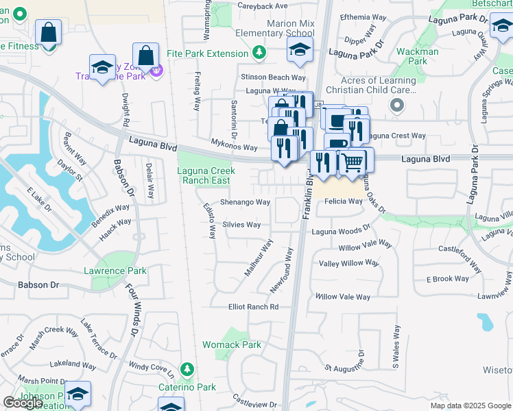 map of restaurants, bars, coffee shops, grocery stores, and more near 4522 Shenango Way in Elk Grove