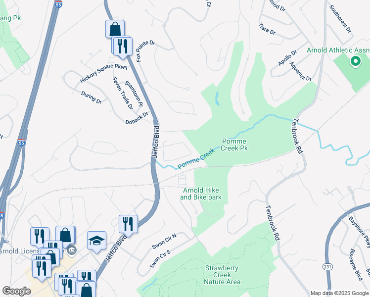map of restaurants, bars, coffee shops, grocery stores, and more near 36 Pleasant Valley Terrace in Arnold