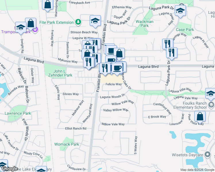 map of restaurants, bars, coffee shops, grocery stores, and more near 4954 Felicia Way in Elk Grove