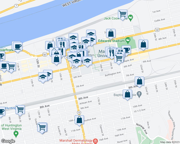 map of restaurants, bars, coffee shops, grocery stores, and more near 1686 6th Avenue in Huntington