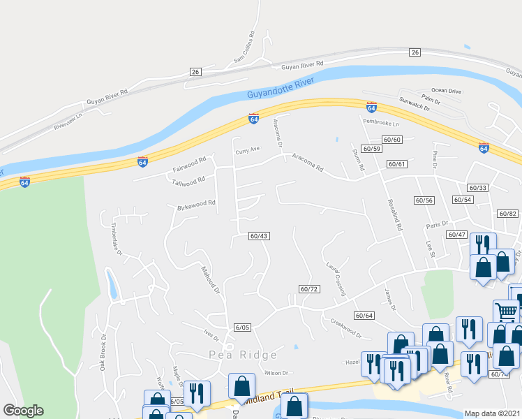 map of restaurants, bars, coffee shops, grocery stores, and more near 6055 Pineview Dr in Huntington
