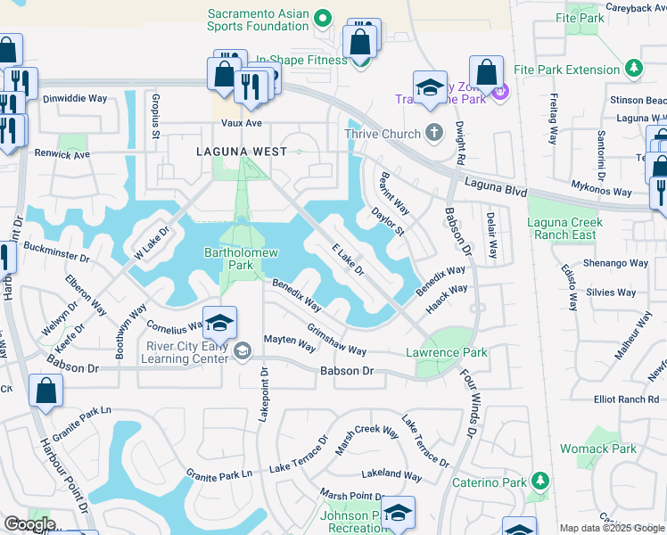 map of restaurants, bars, coffee shops, grocery stores, and more near 3420 West Island Court in Elk Grove